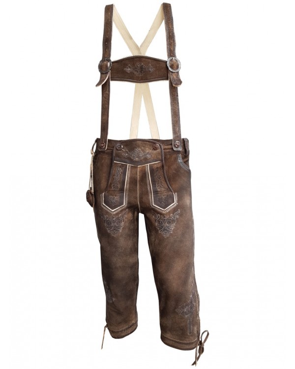 Herren Trachten Lederhose mit Träger, Dunkelbraun, Büffel Leder, Charisma Kniebund