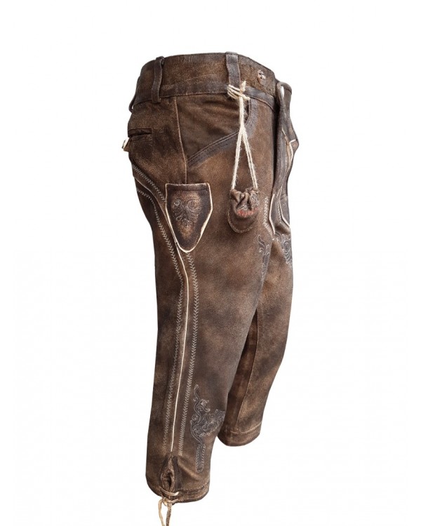 Herren Trachten Lederhose mit Träger, Dunkelbraun, Büffel Leder, Charisma Kniebund