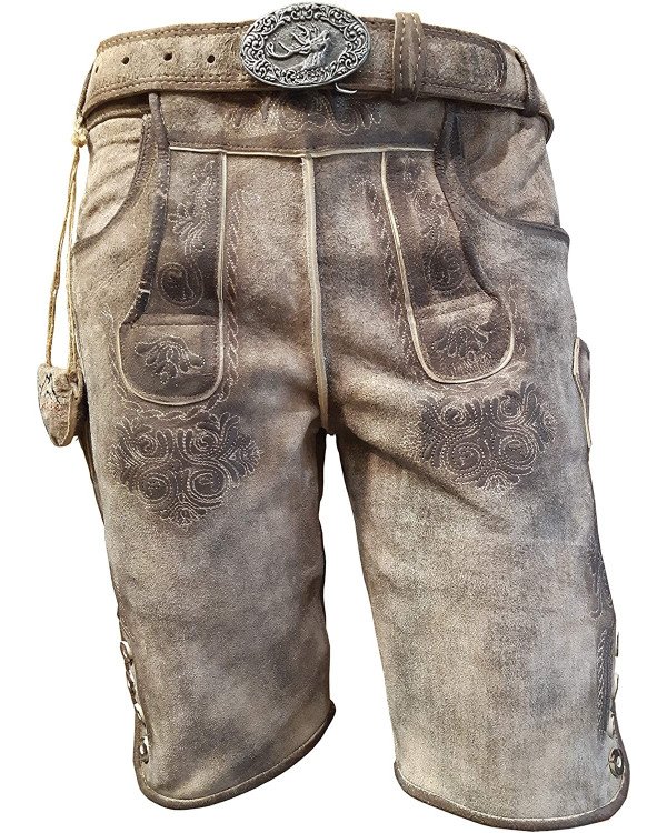 Produktbild von 5-teiliges Trachtenset B Trachtenlederhose Dunkelbraun Hemd Rot Trachtenschuhe Trachtensocken