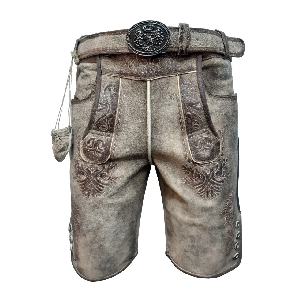 Kurze Herren Lederhose Mit Beidseitigen Messertaschen Und Leder Gürtel, Cappuccino