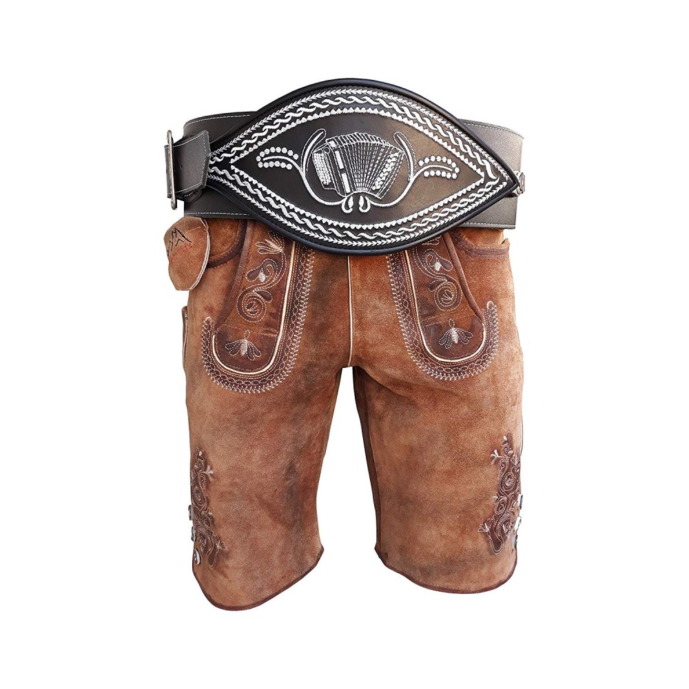 Oldtimer Lederhose + Schwarz Ranzengürtel mit Ziehharmonika-Akkordeon
