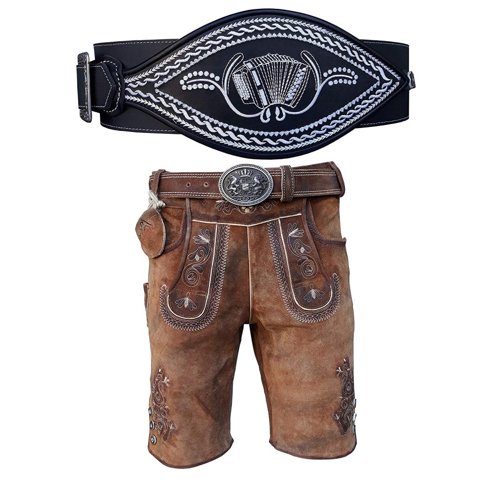 Oldtimer Lederhose + Schwarz Ranzengürtel mit Ziehharmonika-Akkordeon
