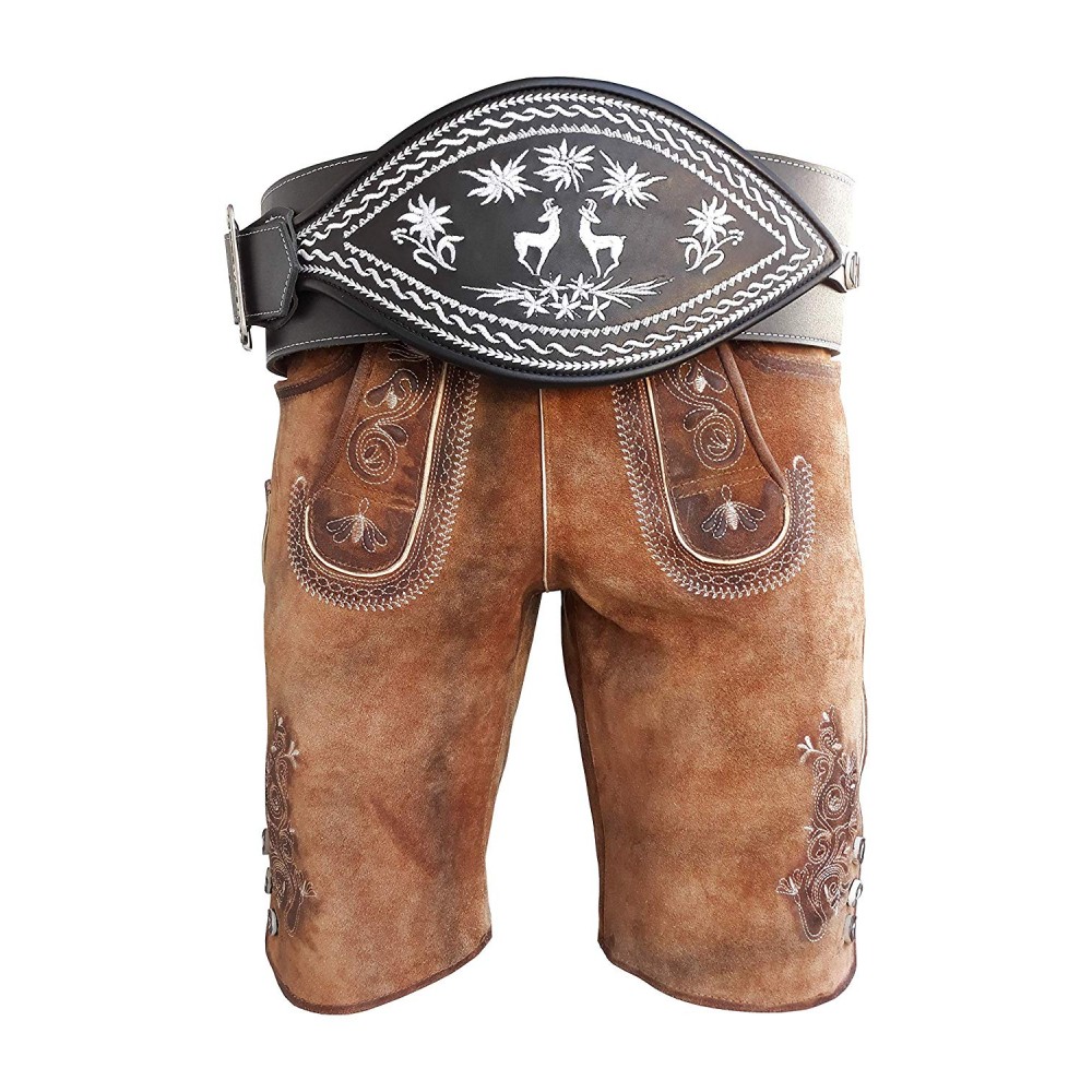 Oldtimer Lederhose + Schwarz Ranzengürtel mit Edelweiß Gams