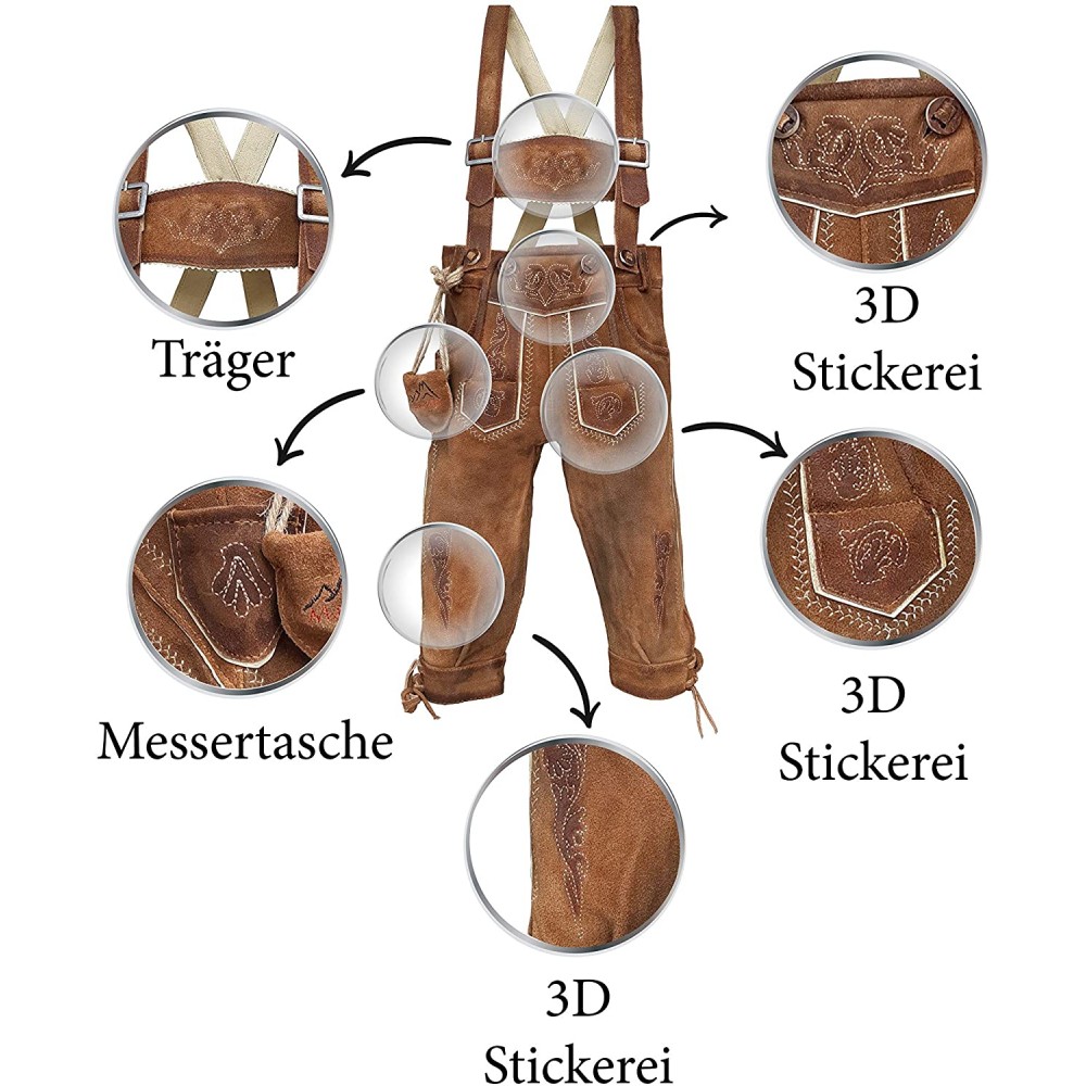 Kinder Trachten Lederhose, Kniebund mit Träger, Dino Kniebund