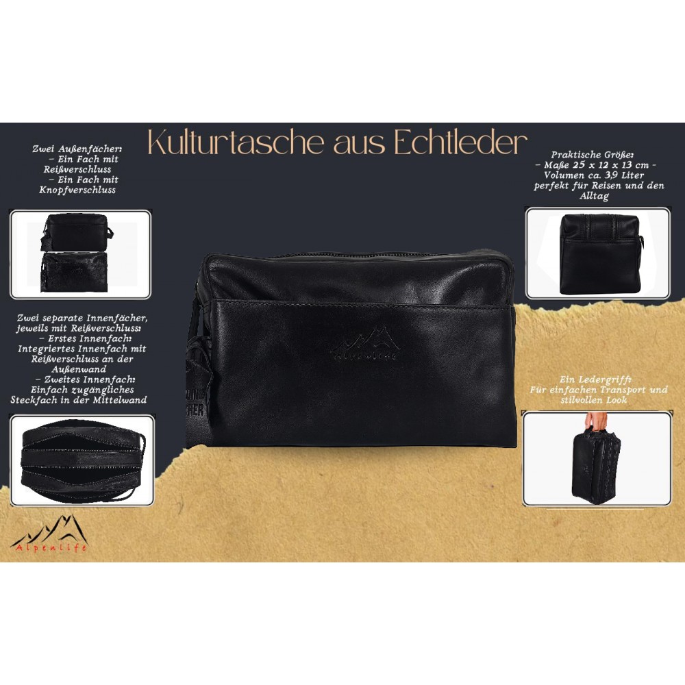 Kulturtasche aus Echtleder Schwarz